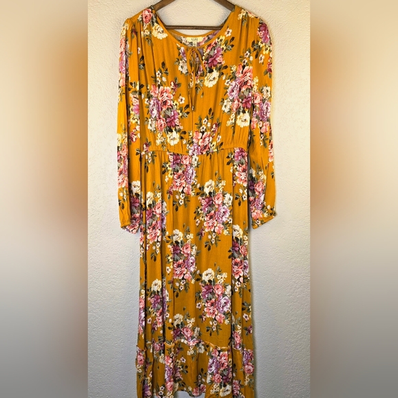 KORI America Boutique Floral Golden Yellow Dress Boho Romantic Tie-Neck – Size L - Picture 8 of 17